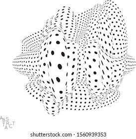 Abstract futuristic 3D dotted shape with visual distortion effect. Optical art background. Warped 3D space. Black and white digital drawing. Futuristic vector illustration isolated.
