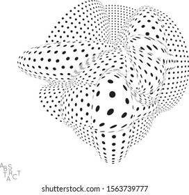 Abstract futuristic 3D dotted shape with visual distortion effect. Optical art background. Warped 3D space. Black and white digital drawing. Futuristic vector illustration isolated.