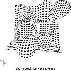 Abstract futuristic 3D dotted shape with visual distortion effect. Optical art background. Warped 3D space. Black and white digital drawing. Futuristic vector illustration isolated.