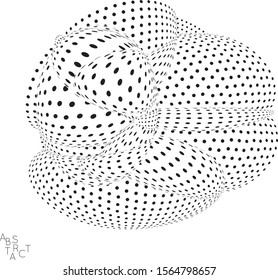 Abstract futuristic 3D dotted shape with visual distortion effect. Optical art background. Warped 3D space. Black and white digital drawing. Futuristic vector illustration isolated.
