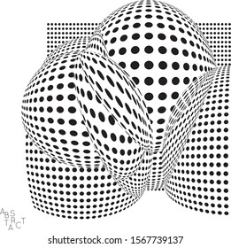 Abstract futuristic 3D dotted shape with visual distortion effect. Optical art background. Warped 3D space. Black and white digital drawing. Futuristic vector illustration isolated.