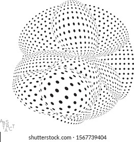 Abstract futuristic 3D dotted shape with visual distortion effect. Optical art background. Warped 3D space. Black and white digital drawing. Futuristic vector illustration isolated.