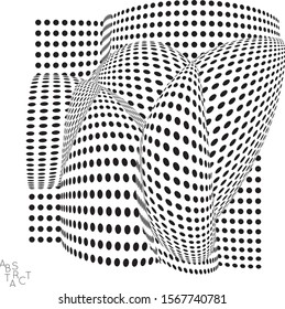 Abstract futuristic 3D dotted shape with visual distortion effect. Optical art background. Warped 3D space. Black and white digital drawing. Futuristic vector illustration isolated.