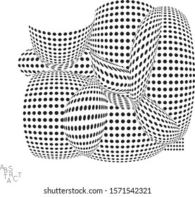 Abstract futuristic 3D dotted shape with visual distortion effect. Optical art background. Warped 3D space. Black and white digital drawing. Futuristic vector illustration isolated.