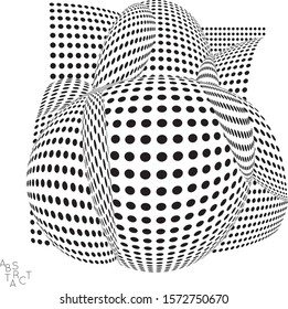 Abstract futuristic 3D dotted shape with visual distortion effect. Optical art background. Warped 3D space. Black and white digital drawing. Futuristic vector illustration isolated.