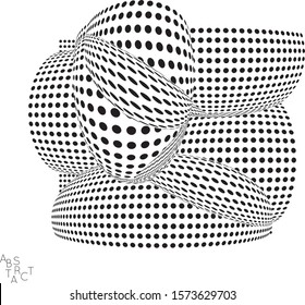 Abstract futuristic 3D dotted shape with visual distortion effect. Optical art background. Warped 3D space. Black and white digital drawing. Futuristic vector illustration isolated.