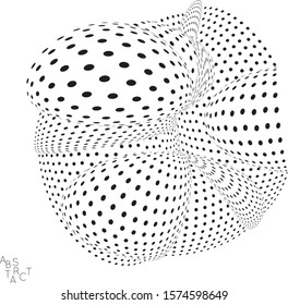 Abstract futuristic 3D dotted shape with visual distortion effect. Optical art background. Warped 3D space. Black and white digital drawing. Futuristic vector illustration isolated.