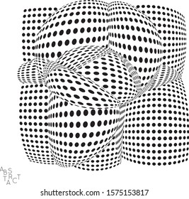 Abstract futuristic 3D dotted shape with visual distortion effect. Optical art background. Warped 3D space. Black and white digital drawing. Futuristic vector illustration isolated.