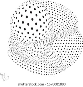 Abstract futuristic 3D dotted shape with visual distortion effect. Optical art background. Warped 3D space. Black and white digital drawing. Futuristic vector illustration isolated.