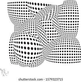 Abstract futuristic 3D dotted shape with visual distortion effect. Optical art background. Warped 3D space. Black and white digital drawing. Futuristic vector illustration isolated.