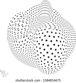Abstract futuristic 3D dotted shape with visual distortion effect. Optical art background. Warped 3D space. Black and white digital drawing. Futuristic vector illustration isolated.