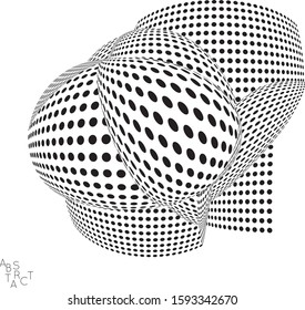 Abstract futuristic 3D dotted shape with visual distortion effect. Optical art background. Warped 3D space. Black and white digital drawing. Science biology research concept.