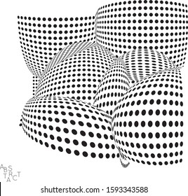 Abstract futuristic 3D dotted shape with visual distortion effect. Optical art background. Warped 3D space. Black and white digital drawing. Science biology research concept.