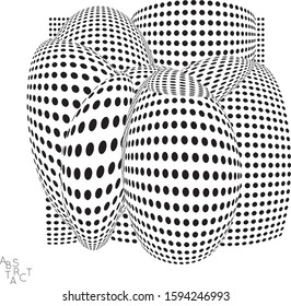 Abstract futuristic 3D dotted shape with visual distortion effect. Optical art background. Warped 3D space. Black and white digital drawing. Science biology research concept.