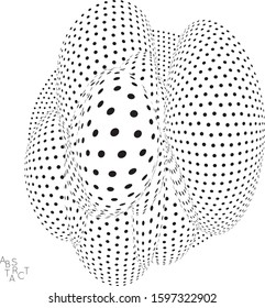 Abstract futuristic 3D dotted shape with visual distortion effect. Optical art background. Warped 3D space. Black and white digital drawing. Science biology research concept.