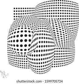 Abstract futuristic 3D dotted shape with visual distortion effect. Optical art background. Warped 3D space. Black and white digital drawing. Science biology research concept.