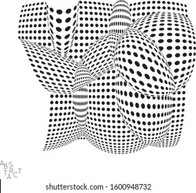 Abstract futuristic 3D dotted shape with visual distortion effect. Optical art background. Warped 3D space. Black and white digital drawing. Science biology research concept.