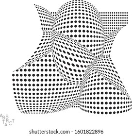 Abstract futuristic 3D dotted shape with visual distortion effect. Optical art background. Warped 3D space. Black and white digital drawing. Science biology research concept.