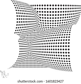 Abstract futuristic 3D dotted shape with visual distortion effect. Optical art background. Warped 3D space. Black and white digital drawing. Science biology research concept.