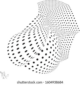 Abstract futuristic 3D dotted shape with visual distortion effect. Optical art background. Warped 3D space. Black and white digital drawing. Science biology research concept.