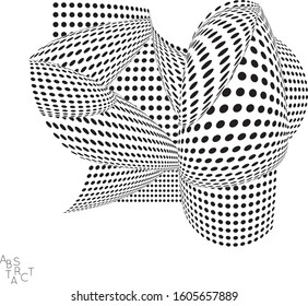 Abstract futuristic 3D dotted shape with visual distortion effect. Optical art background. Warped 3D space. Black and white digital drawing. Science biology research concept.