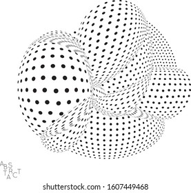 Abstract futuristic 3D dotted shape with visual distortion effect. Optical art background. Warped 3D space. Black and white digital drawing. Science biology research concept.