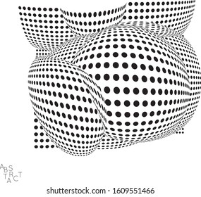 Abstract futuristic 3D dotted shape with visual distortion effect. Optical art background. Warped 3D space. Black and white digital drawing. Science biology research concept.
