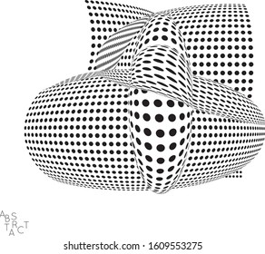 Abstract futuristic 3D dotted shape with visual distortion effect. Optical art background. Warped 3D space. Black and white digital drawing. Science biology research concept.