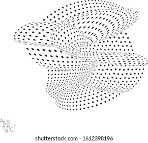 Abstract futuristic 3D dotted shape with visual distortion effect. Optical art background. Warped 3D space. Black and white digital drawing. Science biology research concept.