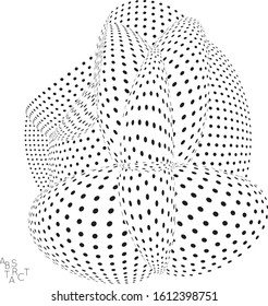 Abstract futuristic 3D dotted shape with visual distortion effect. Optical art background. Warped 3D space. Black and white digital drawing. Science biology research concept.