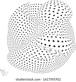Abstract futuristic 3D dotted shape with visual distortion effect. Optical art background. Warped 3D space. Black and white digital drawing. Science biology research concept.