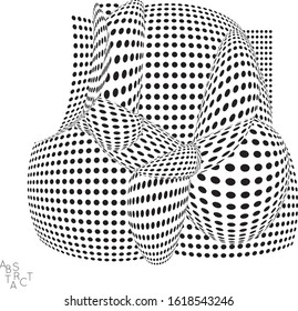 Abstract futuristic 3D dotted shape with visual distortion effect. Optical art background. Warped 3D space. Black and white digital drawing. Science biology research concept.