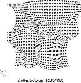 Abstract futuristic 3D dotted shape with visual distortion effect. Optical art background. Warped 3D space. Black and white digital drawing. Science biology research concept.