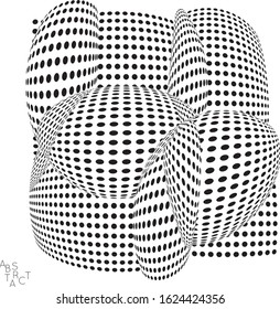 Abstract futuristic 3D dotted shape with visual distortion effect. Optical art background. Warped 3D space. Black and white digital drawing. Science biology research concept.