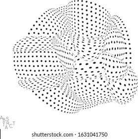 Abstract futuristic 3D dotted shape with visual distortion effect. Optical art background. Warped 3D space. Black and white digital drawing. Science biology research concept.