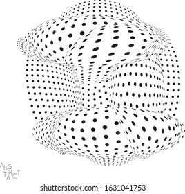 Abstract futuristic 3D dotted shape with visual distortion effect. Optical art background. Warped 3D space. Black and white digital drawing. Science biology research concept.