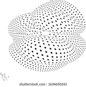 Abstract futuristic 3D dotted shape with visual distortion effect. Optical art background. Warped 3D space. Black and white digital drawing. Science biology research concept.