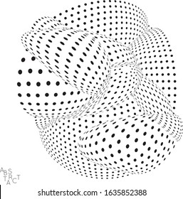 Abstract futuristic 3D dotted shape with visual distortion effect. Optical art background. Warped 3D space. Black and white digital drawing. Science biology research concept.