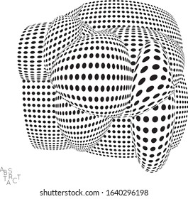 Abstract futuristic 3D dotted shape with visual distortion effect. Optical art background. Warped 3D space. Black and white digital drawing. Science biology research concept.