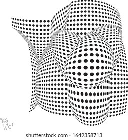 Abstract futuristic 3D dotted shape with visual distortion effect. Optical art background. Warped 3D space. Black and white digital drawing. Science biology research concept.