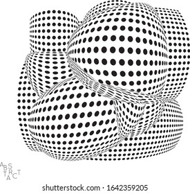 Abstrakte futuristische 3D gepunktete Form mit visueller Verzerrungswirkung. Optische Kunsthintergrund. 3D-Raum gezeichnet. Schwarz-Weiß-Digitalzeichnung. Forschungskonzept für wissenschaftliche Biologie.