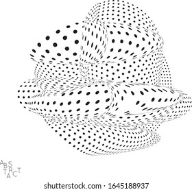 Abstract futuristic 3D dotted shape with visual distortion effect. Optical art background. Warped 3D space. Black and white digital drawing. Science biology research concept.