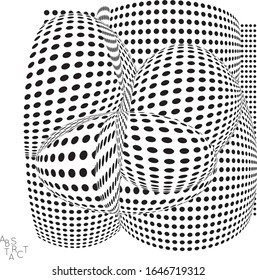 Abstract futuristic 3D dotted shape with visual distortion effect. Optical art background. Warped 3D space. Black and white digital drawing. Science biology research concept.