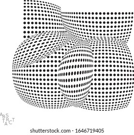 Abstract futuristic 3D dotted shape with visual distortion effect. Optical art background. Warped 3D space. Black and white digital drawing. Science biology research concept.