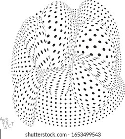 Abstract futuristic 3D dotted shape with visual distortion effect. Optical art background. Warped 3D space. Black and white digital drawing. Science biology research concept.