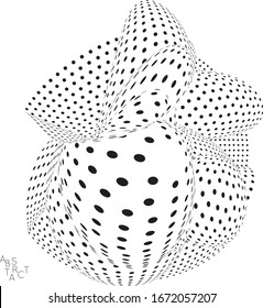 Abstract futuristic 3D dotted shape with visual distortion effect. Optical art background. Warped 3D space. Black and white digital drawing. Science biology research concept.