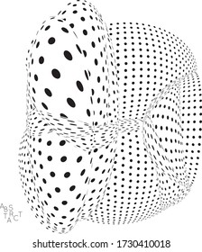 Resumen de forma futurista 3D punteada con efecto de distorsión visual. Fondo de arte óptico. Espacio 3D retorcido. Dibujo digital en blanco y negro. Concepto de investigación científica en biología.