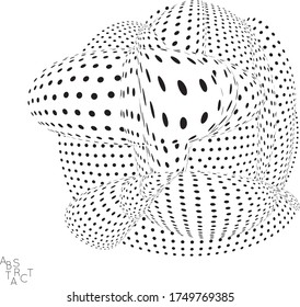 Abstract futuristic 3D dotted shape with visual distortion effect. Optical art background. Warped 3D space. Black and white digital drawing. Science biology research concept.