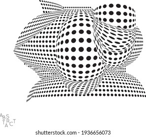 Abstract futuristic 3D dotted shape with visual distortion effect. Optical art background. Warped 3D space. Black and white digital drawing. Science biology research concept.
