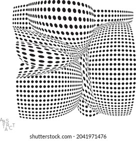 Resumen de forma futurista 3D punteada con efecto de distorsión visual. Fondo de arte óptico. Espacio 3D retorcido. Dibujo digital en blanco y negro. Ilustración vectorial futurista aislada.
